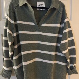 Aerie Olive and Cream Striped V-Neck Sweater